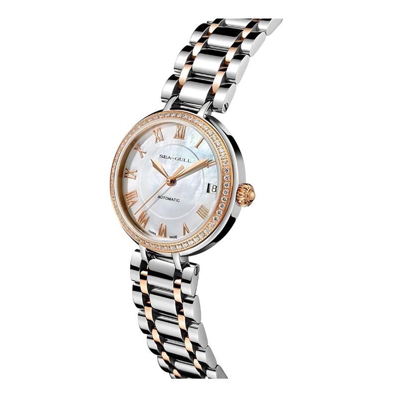 montre automatique femme 32mm nacre et zircon de coté sur fond transparent