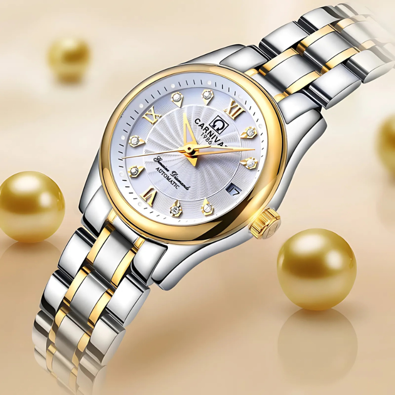 Montre Automatique Femme Acier Bicolore Cadran Cristal sur fond de fête avec des perles