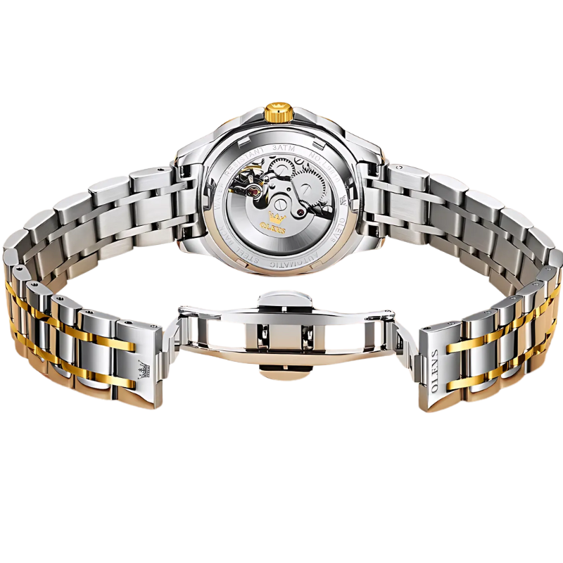 Montre Automatique Femme Bracelet Bicolore & Aiguilles Phosphorescentes de dos avec le mécanisme apparent, la photo est sur fond transparent