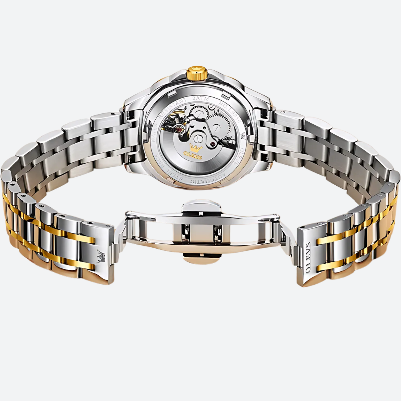 Montre Automatique Femme Bracelet Bicolore & Aiguilles Phosphorescentes vue de derrière avec le mécanisme apparent