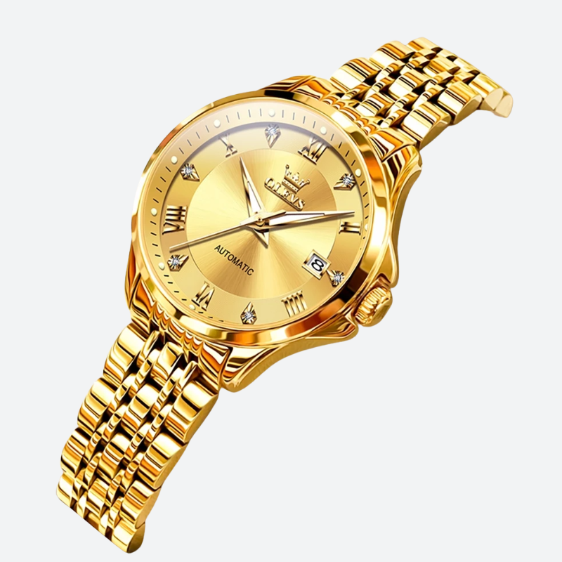 Montre Automatique Femme Dorée Waterproof 30mm sur fond blanc