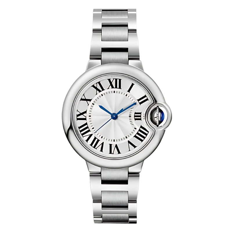 montre automatique femme style ballon à dial romain sur fond transparent