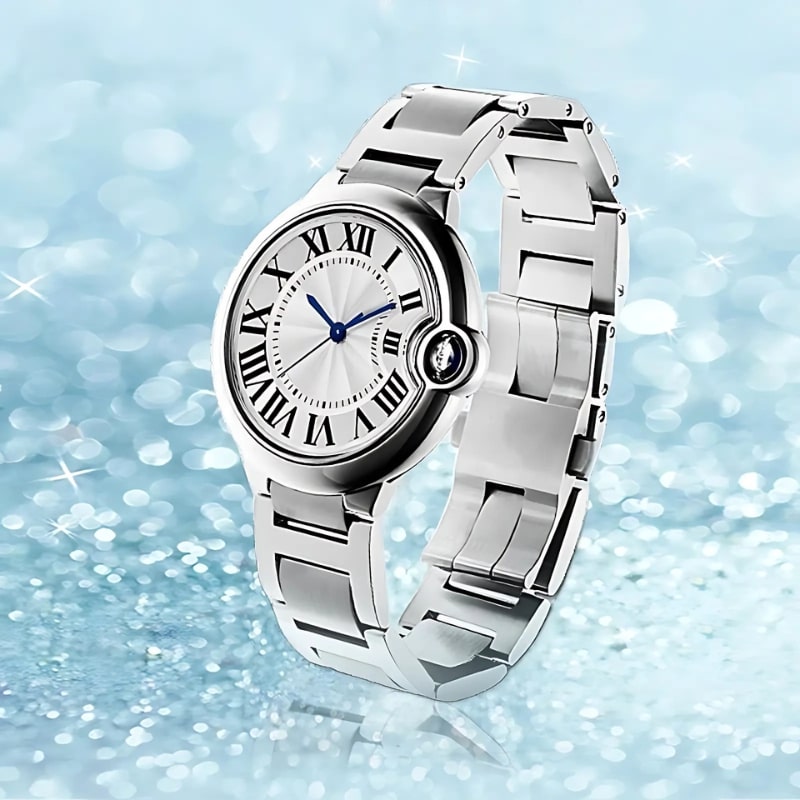 Montre Automatique Femme Style Ballon & Cadran Roman sur fond bleu étincelant
