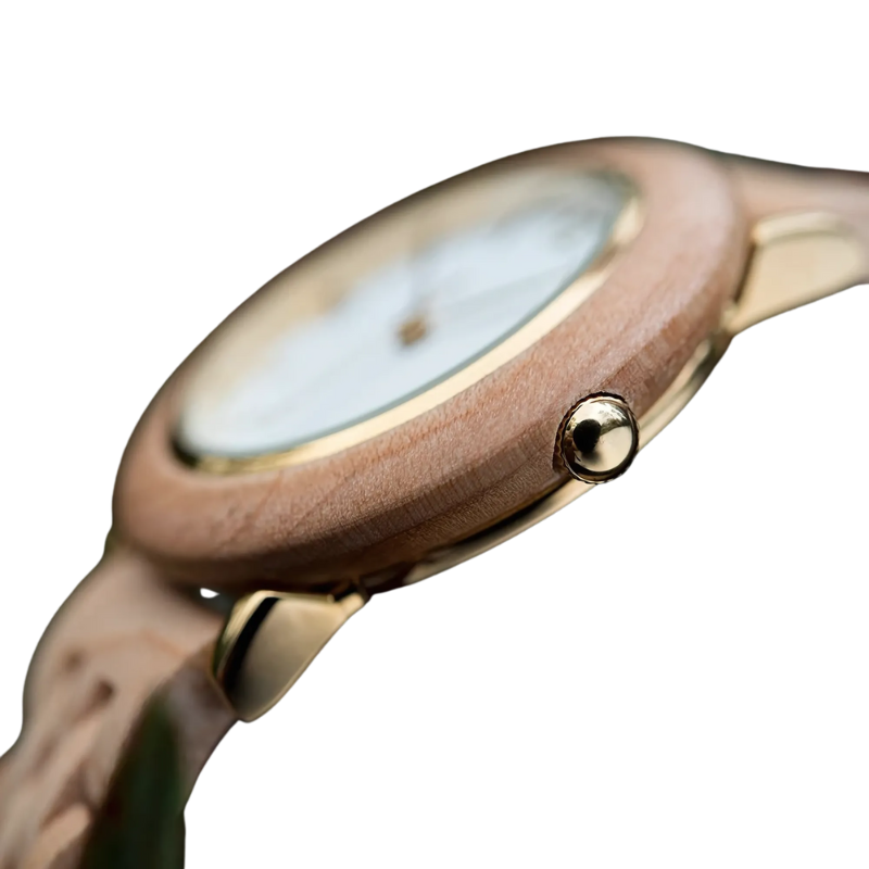 Montre Bois Femme au Cadran Épuré et Coloris Naturels blanche vue de profil sur fond transparent