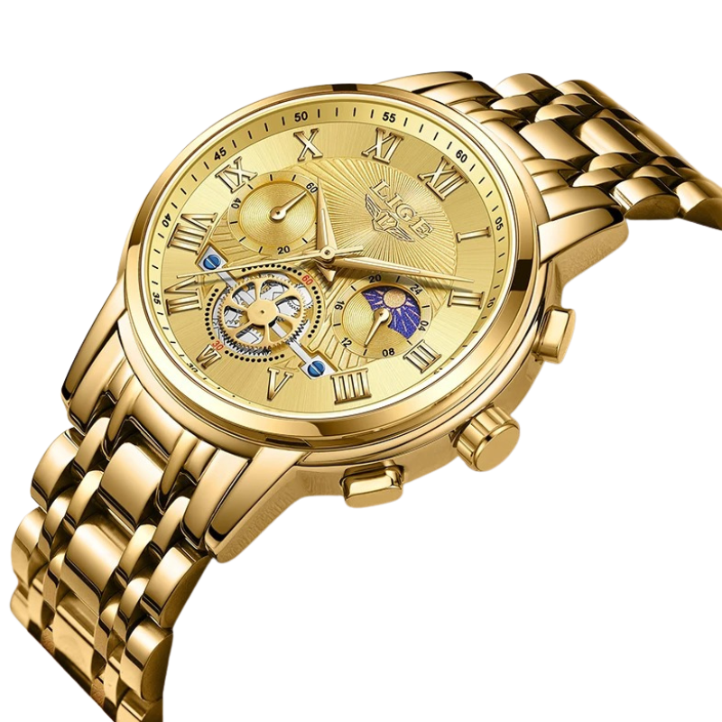 Montre Chronographe Femme Dorée Phase Lunaire Mécanique sur fond transparent