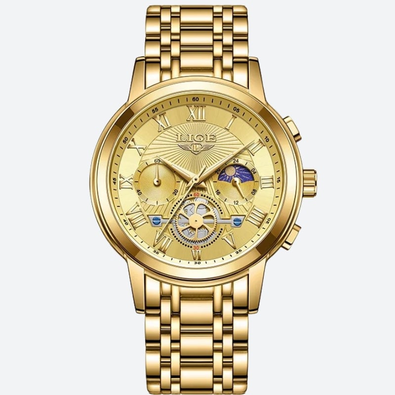Montre Chronographe Femme Dorée Phase Lunaire Mécanique sur fond gris