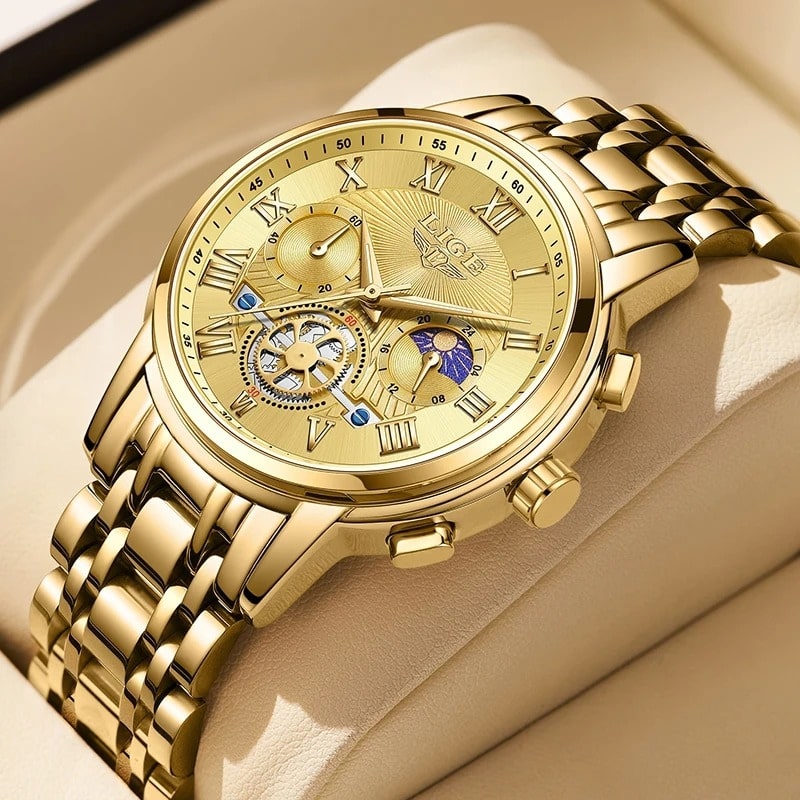 Montre Chronographe Femme Dorée Phase Lunaire Mécanique dans son étui