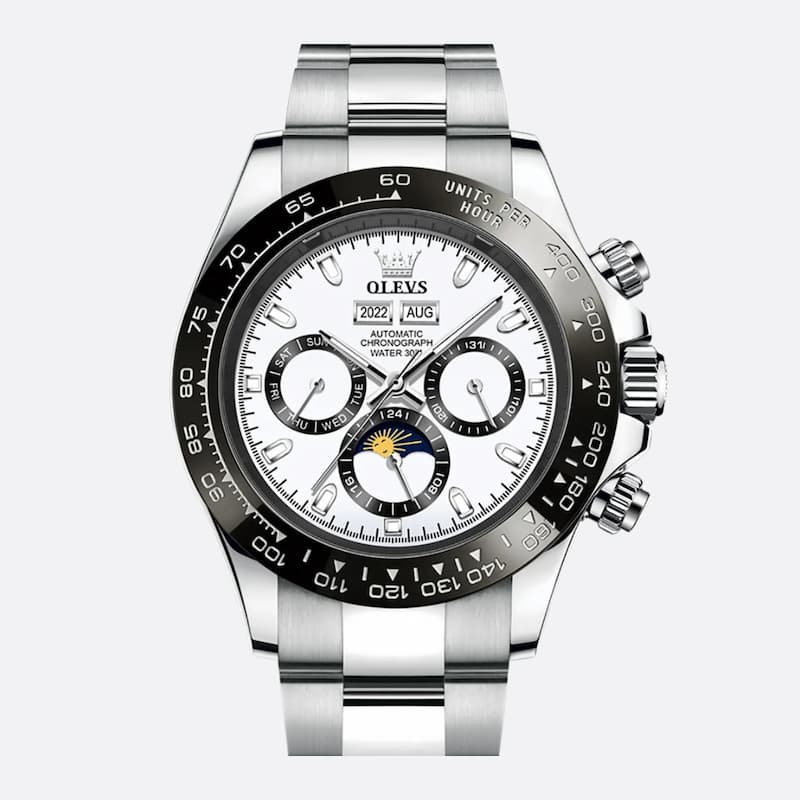 Montre Chronographe Homme Acier Inoxydable Moon Phase