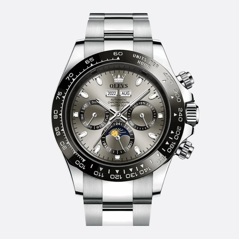 Montre Chronographe Homme Acier Inoxydable Moon Phase