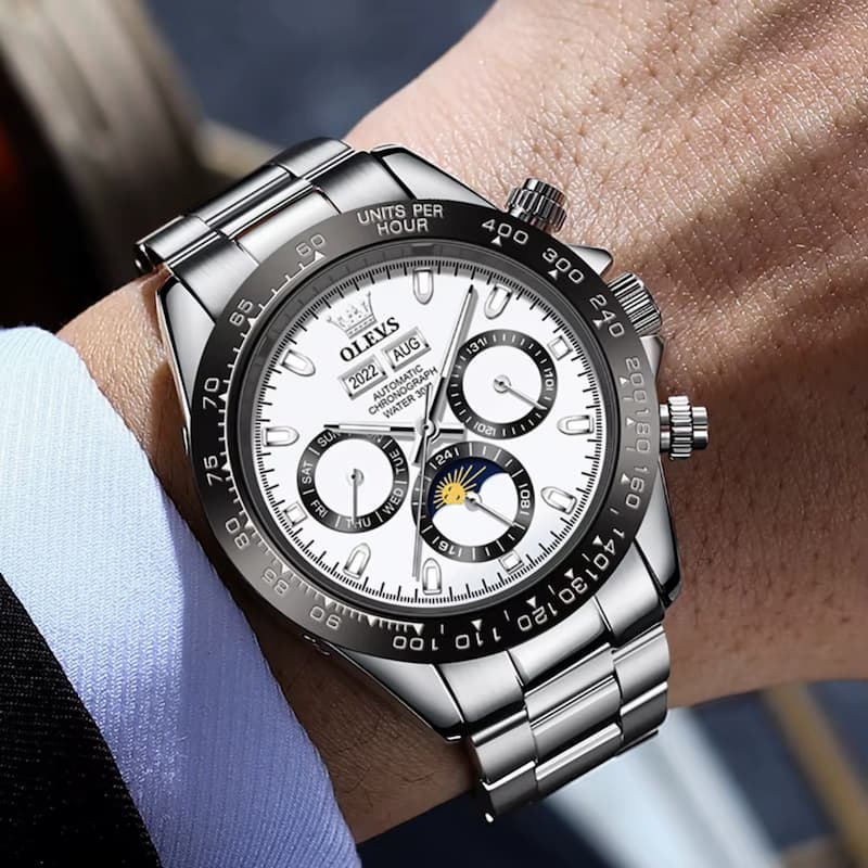Montre Chronographe Homme Acier Inoxydable Moon Phase