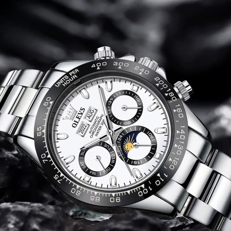 Montre Chronographe Homme Acier Inoxydable Moon Phase