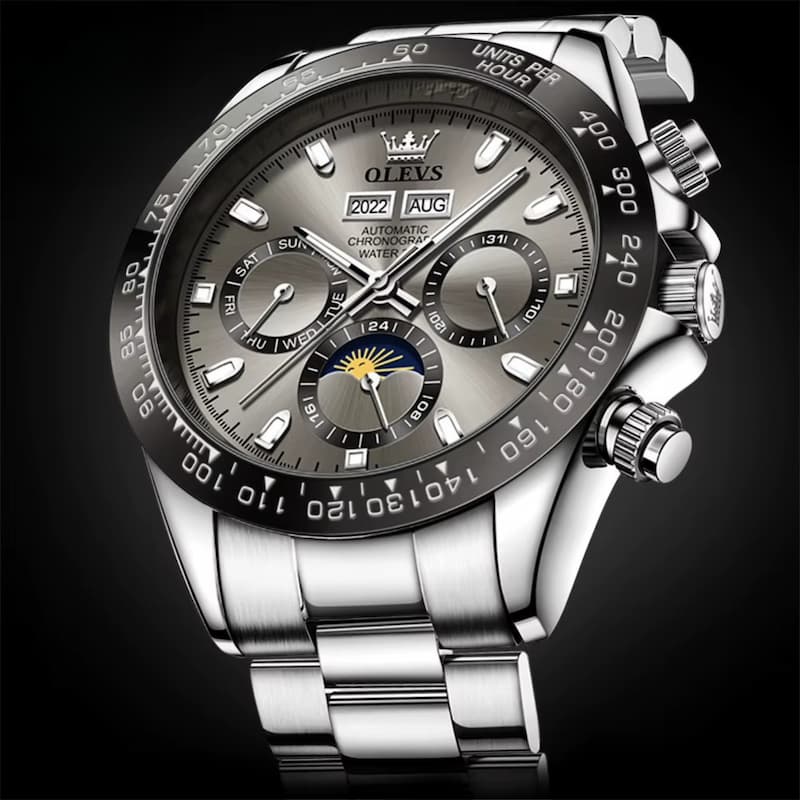 Montre Chronographe Homme Acier Inoxydable Moon Phase