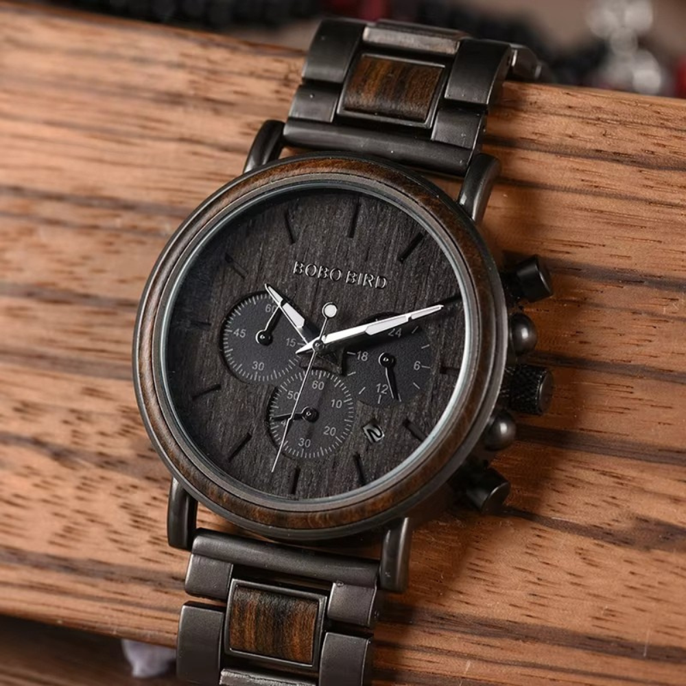 Montre en Bois Chronographe Homme et Acier, Fonctionnalité Sportive