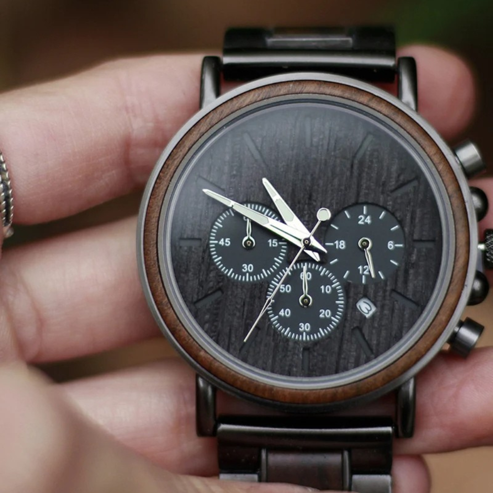Montre en Bois Chronographe Homme et Acier, Fonctionnalité Sportive