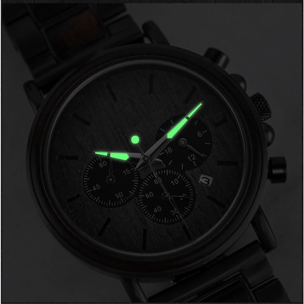 Montre en Bois Chronographe Homme et Acier, Fonctionnalité Sportive