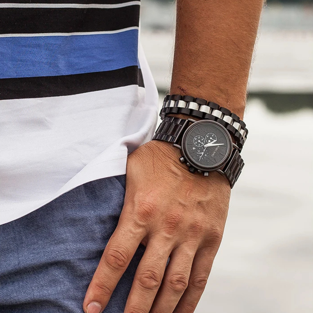 Montre en Bois Chronographe Homme et Acier, Fonctionnalité Sportive