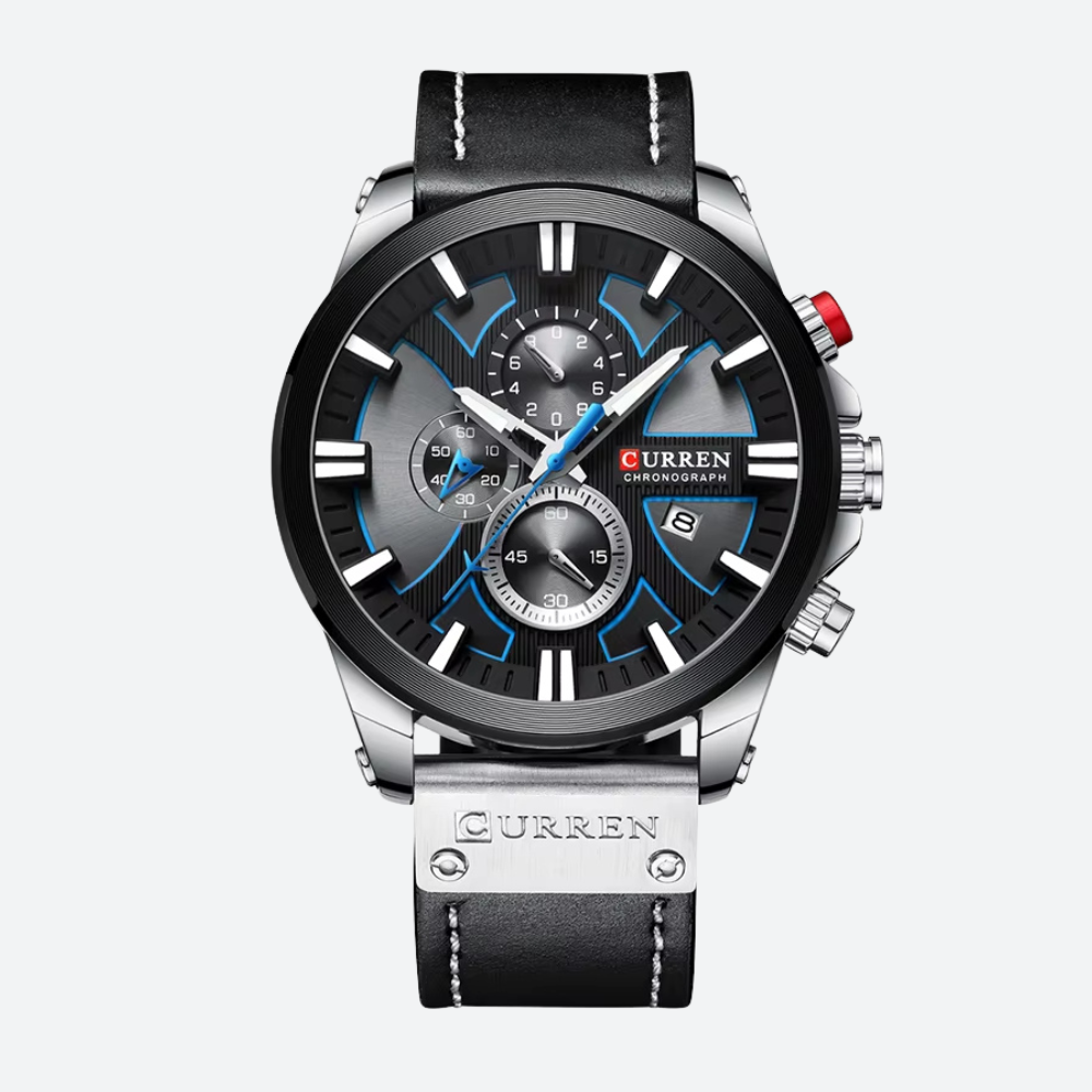 Montre Chronographe Homme à Quartz, Boîtier Large Bracelet Cuir