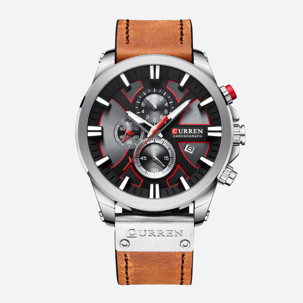 Montre Chronographe Homme à Quartz, Boîtier Large Bracelet Cuir