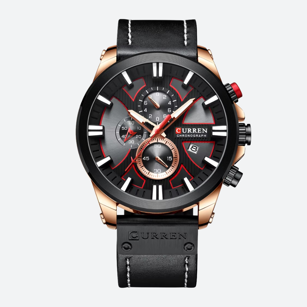 Montre Chronographe Homme à Quartz, Boîtier Large Bracelet Cuir