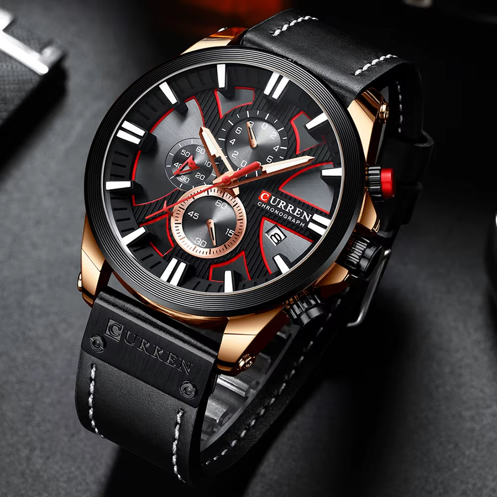 Montre Chronographe Homme à Quartz, Boîtier Large Bracelet Cuir