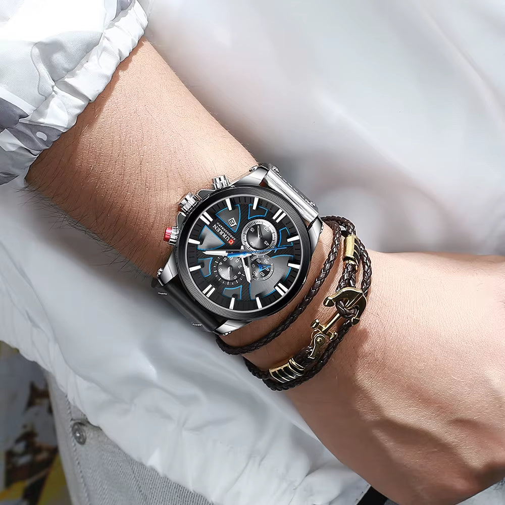 Montre Chronographe Homme à Quartz, Boîtier Large Bracelet Cuir