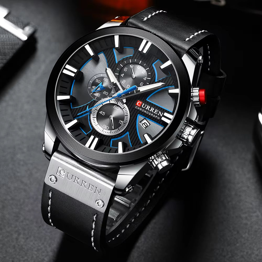 Montre Chronographe Homme à Quartz, Boîtier Large Bracelet Cuir