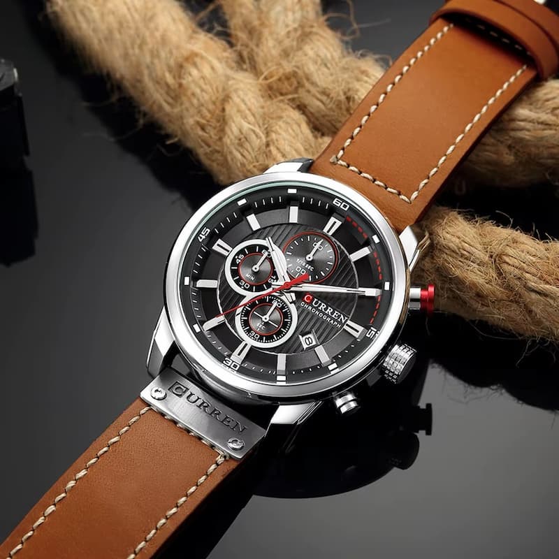 Montre Chronographe Homme Quartz Étanche avec Bracelet en Cuir