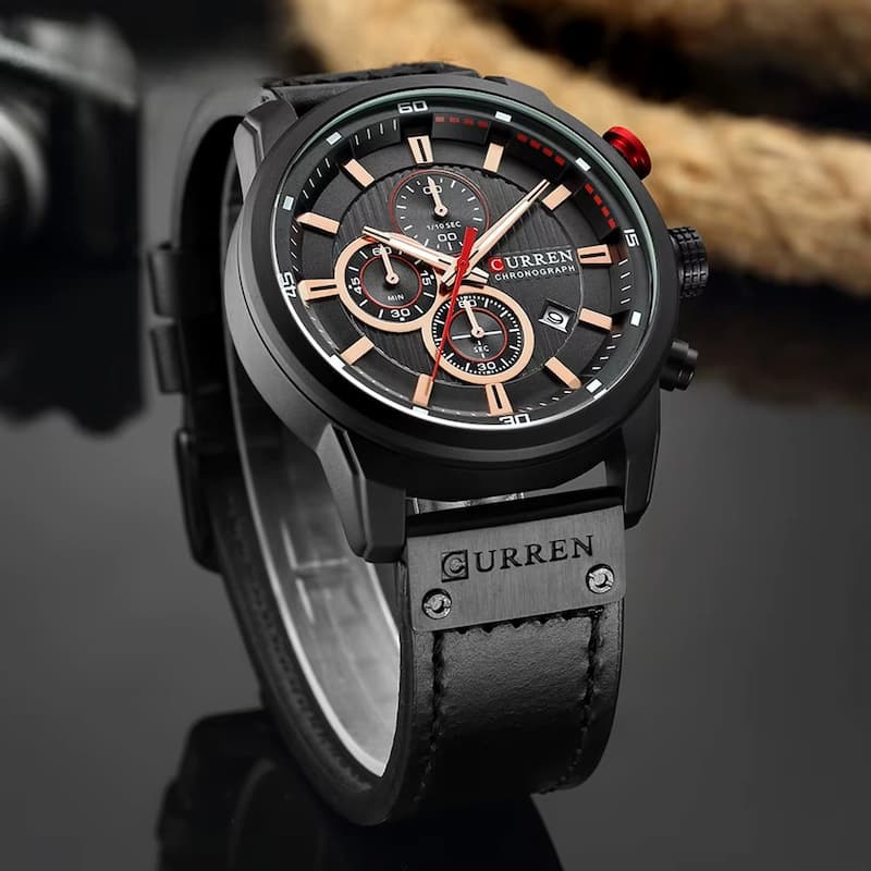 Montre Chronographe Homme Quartz Étanche avec Bracelet en Cuir