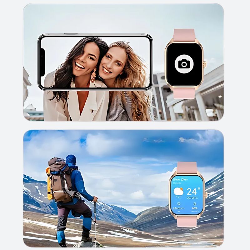 Montre Connectée Femme Rose à Grand Écran Doré et ses fonctionnalités de photos et de lecture de la météo