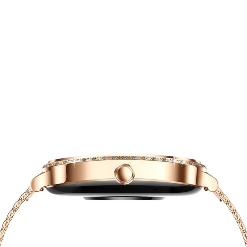 Montre Connectée Femme Cadran Rose Doré à Strass vue de coté sur fond transparent