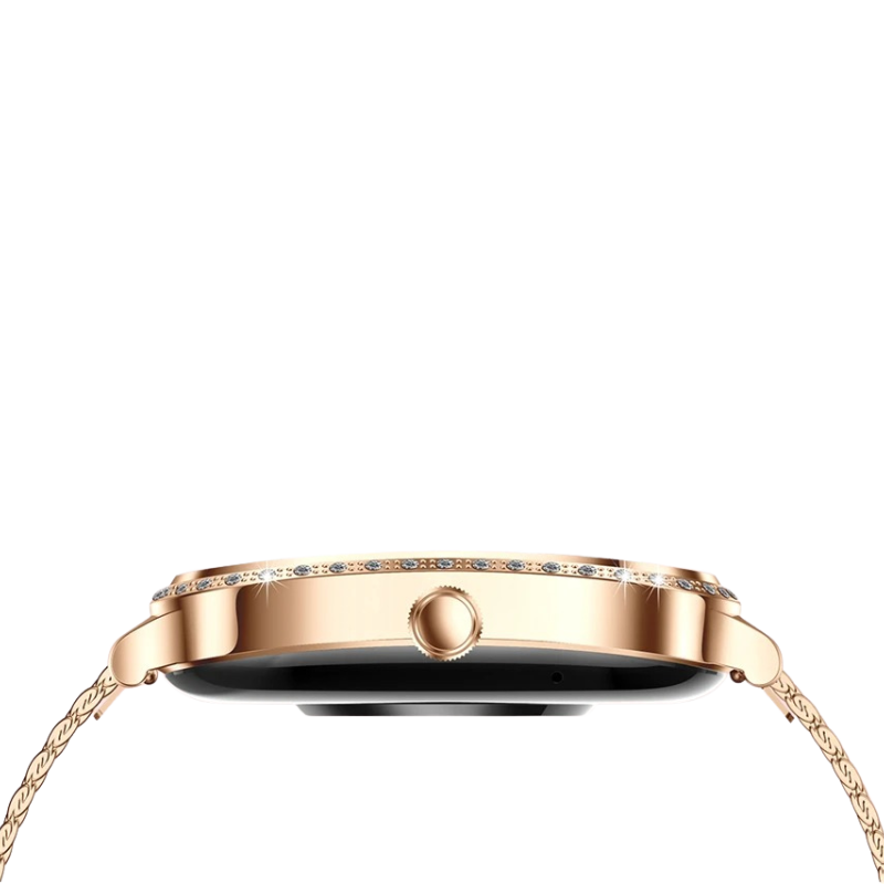 Montre Connectée Femme Cadran Rose Doré à Strass vue de coté sur fond transparent