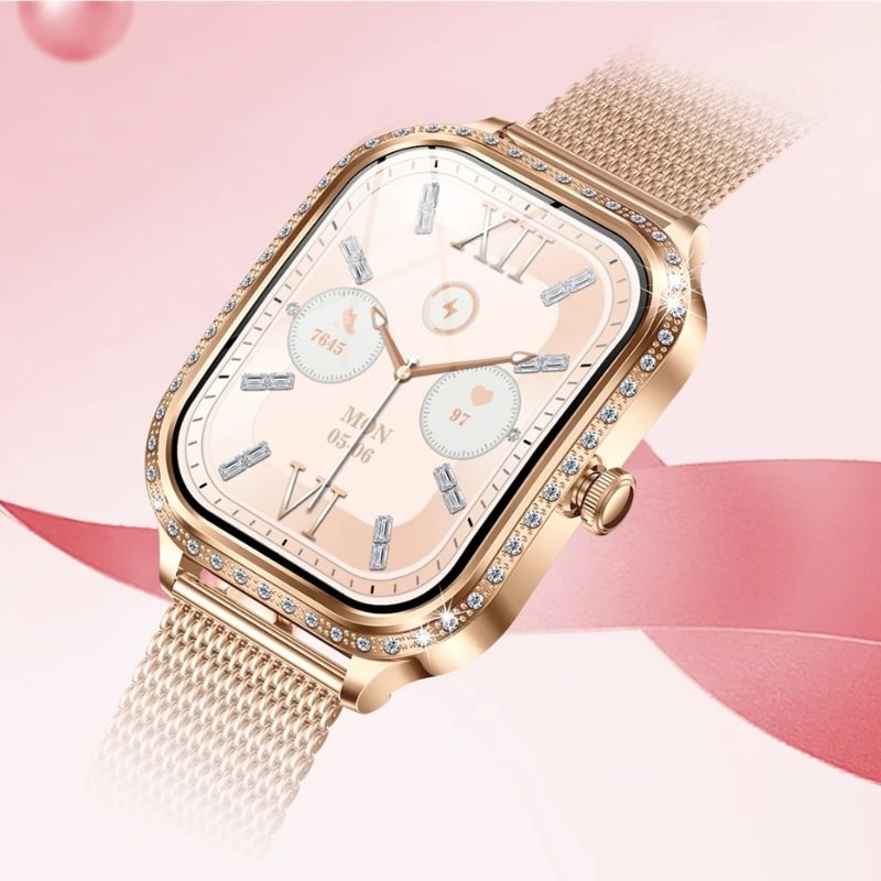 Montre Connectée Femme Cadran Rose Doré à Strass zoom sur le cadran