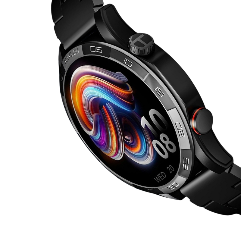 Montre Connectée Homme à Cadran Mécanique et Écran AMOLED noire sur fond transparent