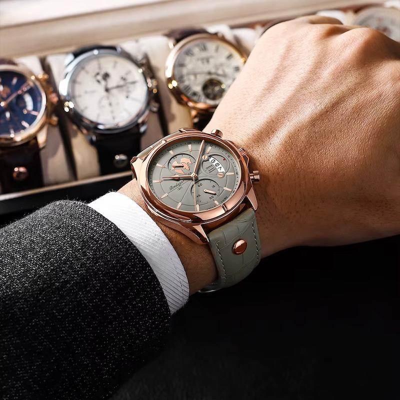 Montre Homme Quartz Ronde, Cuir Gris Date Lumineuse