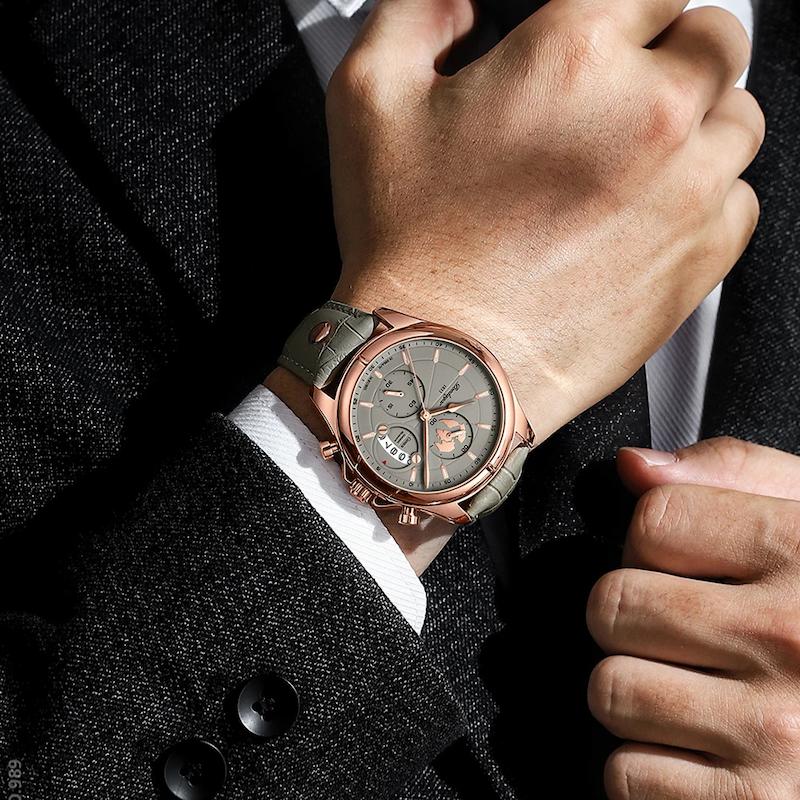 Montre Homme Quartz Ronde, Cuir Gris Date Lumineuse