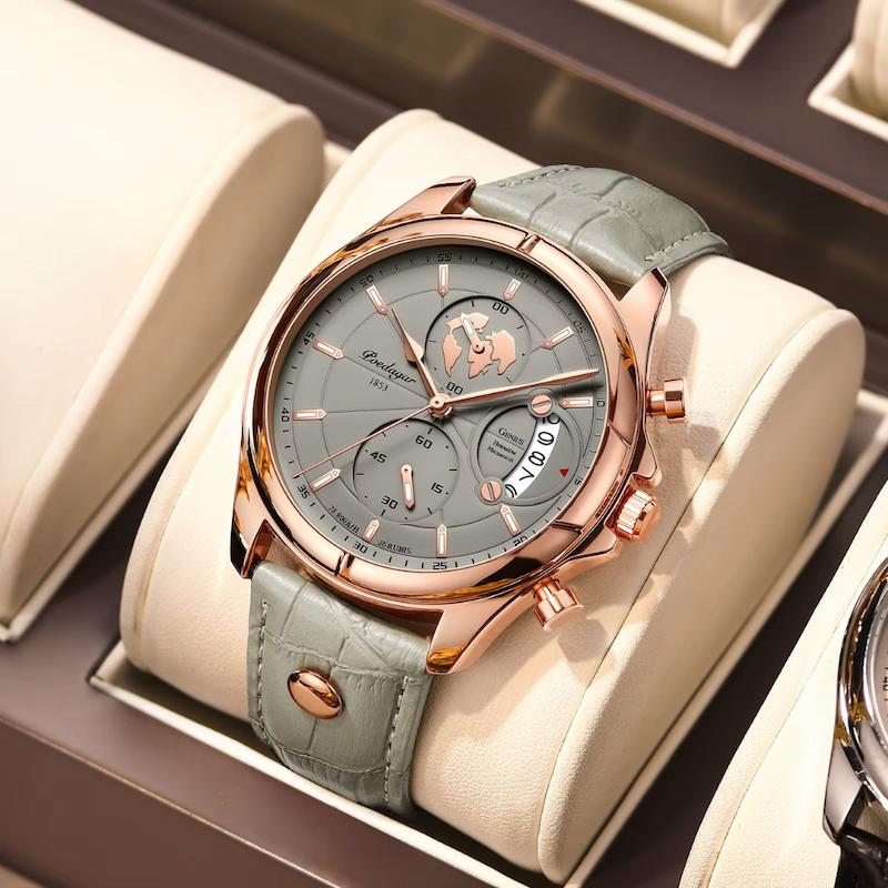 Montre Homme Quartz Ronde, Cuir Gris Date Lumineuse
