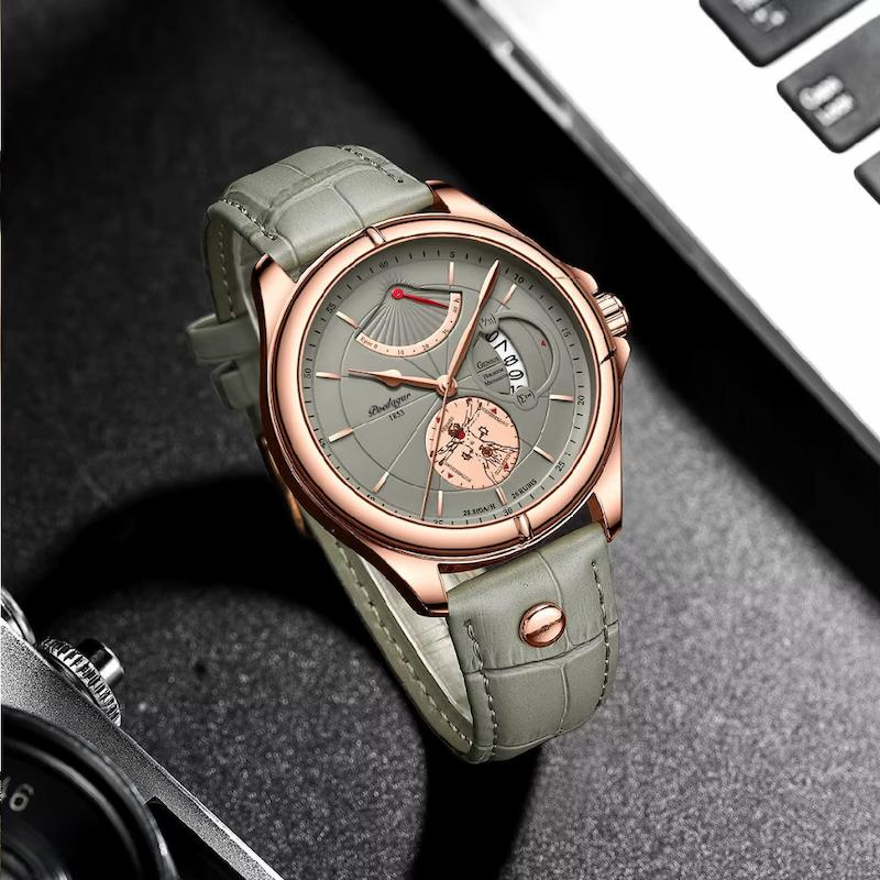 Montre Ronde Homme Cuir Quartz Date Élégante