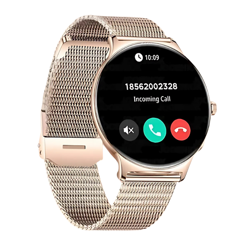 Montre Chronographe Femme Maille Rose et Écran AMOLED sur fond transparent