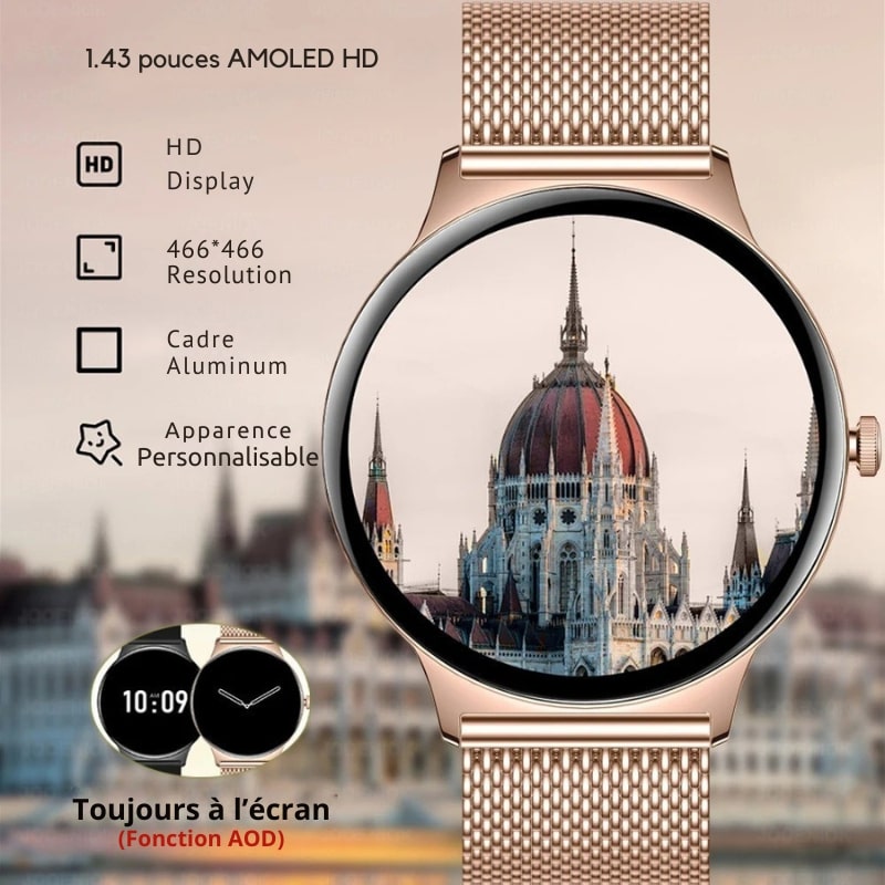 Montre Chronographe Femme Maille Rose et Écran AMOLED et son descriptif