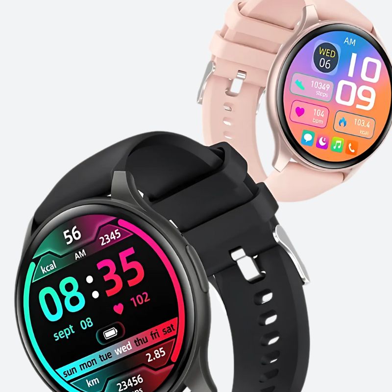 2 Montres Connectées pour Femme à Écran AMOLED et Bracelet Silicone en rose et en noir