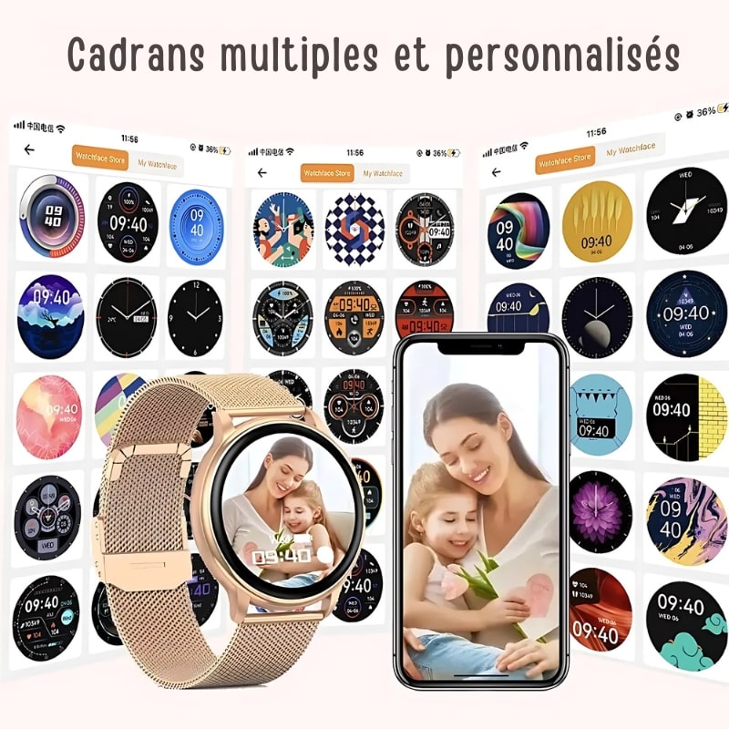 Montre Connectée Femme Maille Milanaise Couleur Or Rose explications des personnalisations de cadran