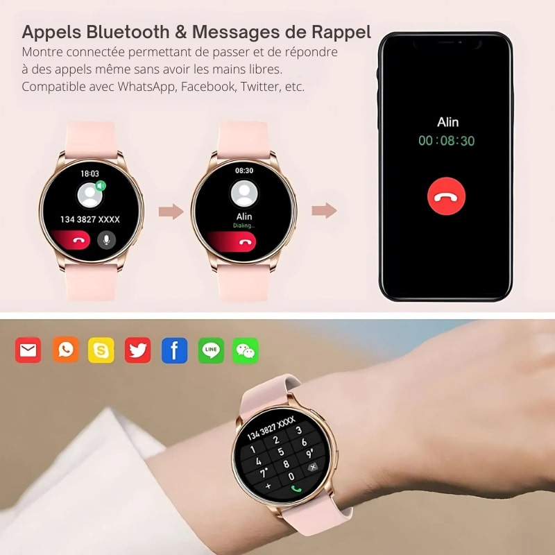 La montre connectee femme or rose à maille milanaise et ses fonctions d'appel et de message