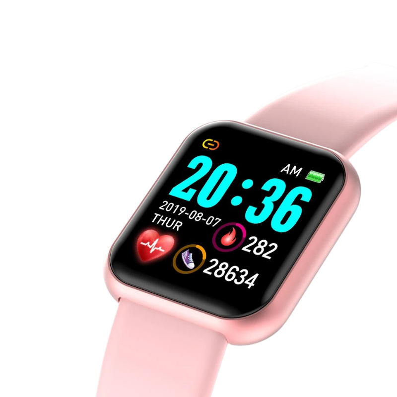 Montre connectée femme rose boîtier lisse 1,3” Bluetooth & suivi santé rose sur fond transparent
