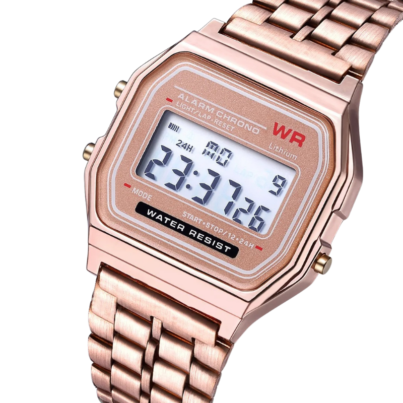 Montre Digitale Femme au Bracelet Métal Finition Brillante couleur or rose sur fond transparent