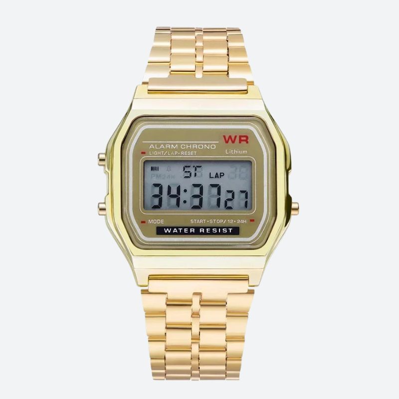Montre Digitale Femme au Bracelet Métal Finition Brillante couleur or sur fond gris