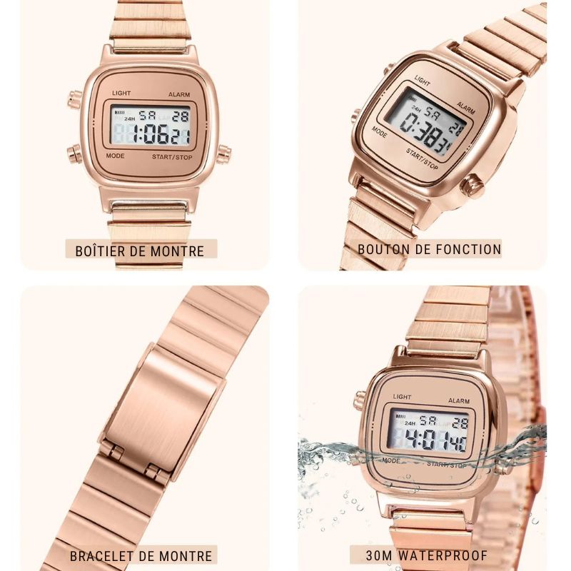 Montre Digitale Femme au Design Carré Rétro couleur or rose et ses particularités