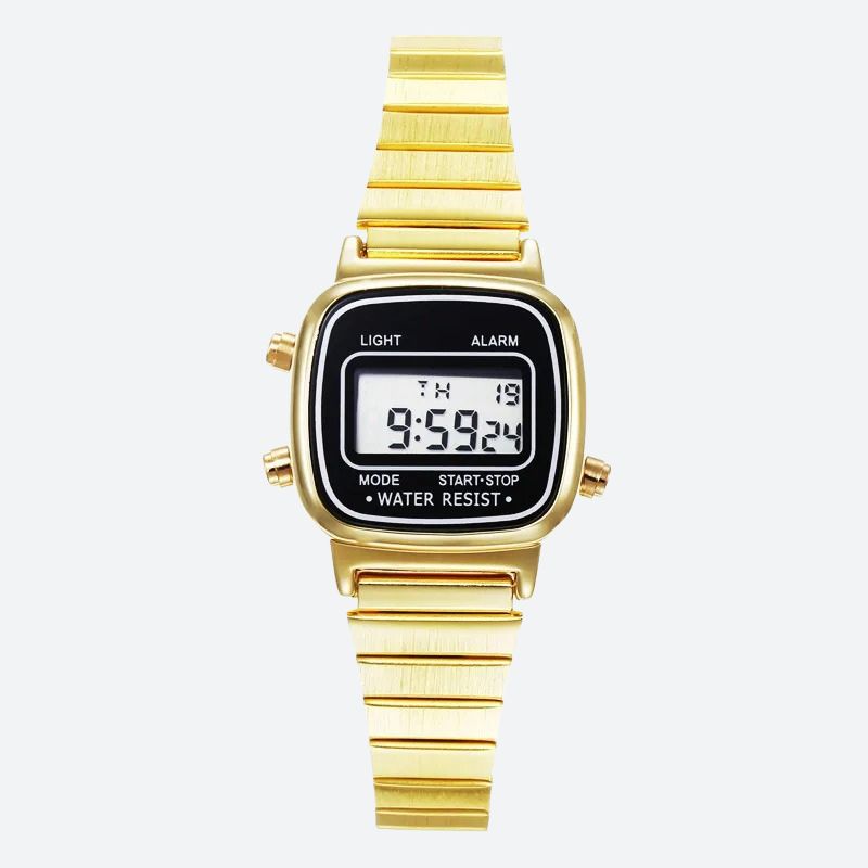 Montre Digitale Femme au Design Carré Rétro couleur or sur fond gris