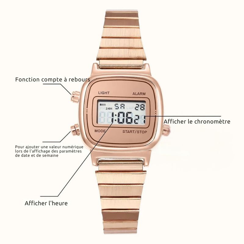 Montre Digitale Femme au Design Carré Rétro et ses particularités
