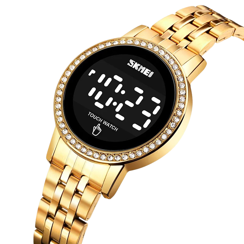 Montre Digitale Femme au Style Rétro-Chic Métallisé couleur or sur fond transparent