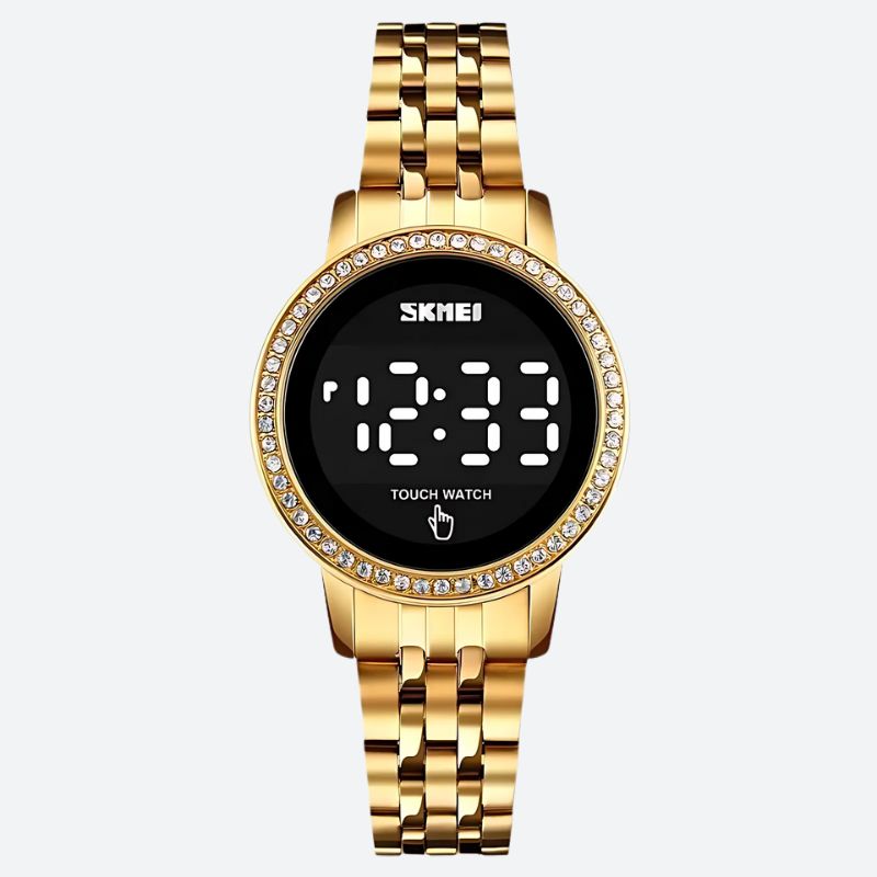 Montre Digitale Femme au Style Rétro-Chic Métallisé couleur or sur fond gris